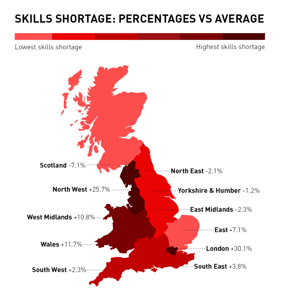 UK map with percentages of skills shortage