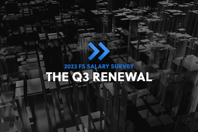 Blue arrows and blue text saying 2023 financial services salary survey and white text saying the q3 renewal over dark background