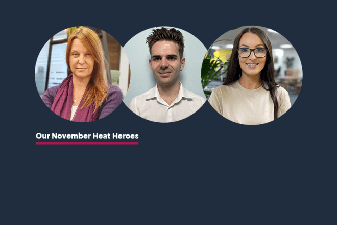 Headshots of the November Heat heroes, two women and a man
