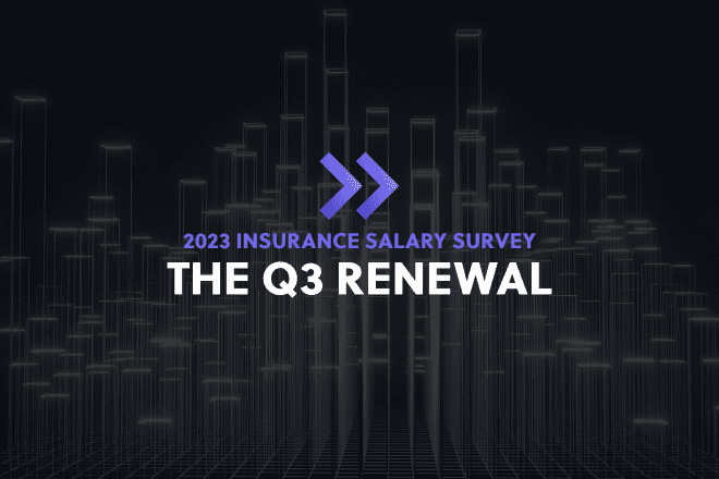 Purple arrows and purple text saying 2023 insurance salary survey and white text saying the q3 renewal over dark background