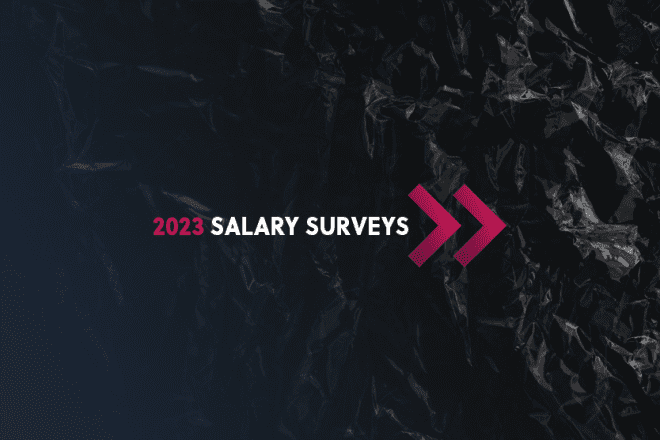 Dark background with text in red and white 2023 Salary surveys