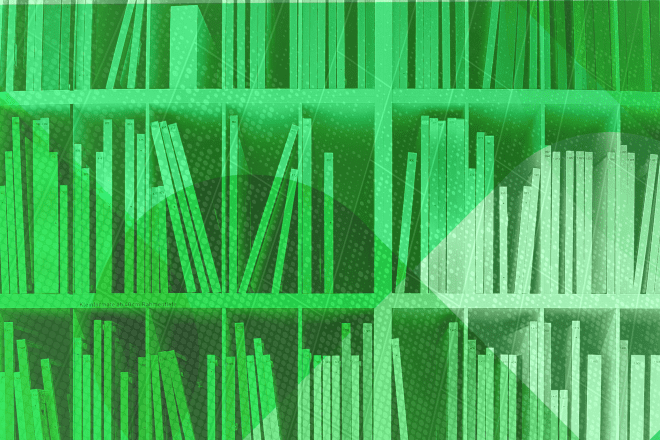 Bookshelf in green tones