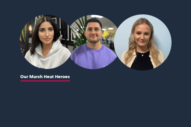 Headshots of the three Heat heroes winners for March