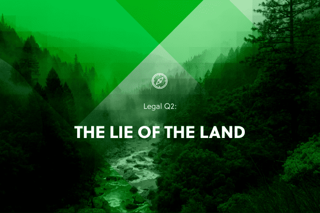 White text saying Legal Q2: the lie of the land over a forest with a river background with a green filter for the legal recruitment report