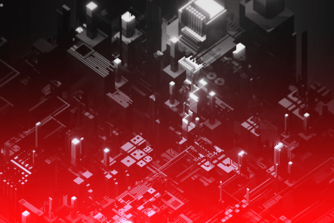 Aerial view of a futuristic city in red