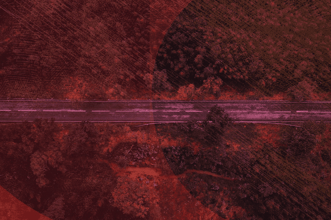 Zenithally view of forest and road with red filter