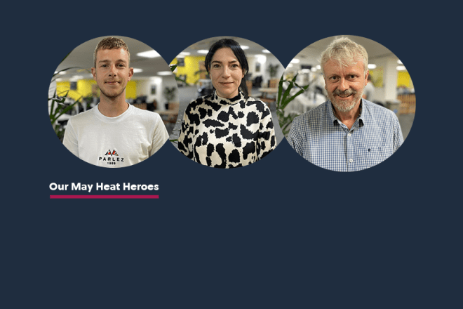 Headshots of two men and a woman in circle frames and text saying our may heat heroes