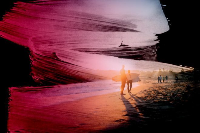 Beach with two surfers and 4 people walking with brushstorkes shapes