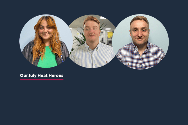 Circular headshots of two men and a women for july heat recruitment heroes