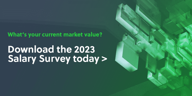 Green text saying what's your current market value? and white text saying download the 2023 salary survey today